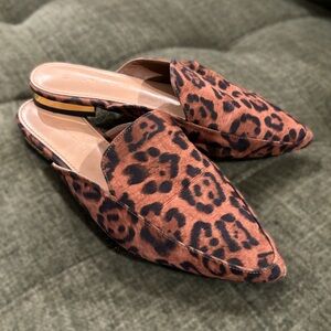 Leopard Print Pointed Toe Loafer Mules with Gold Heel
